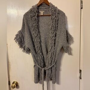 Vertical Design Gray Fringe Women's Short Sleeve Sweater with waist tie Size L